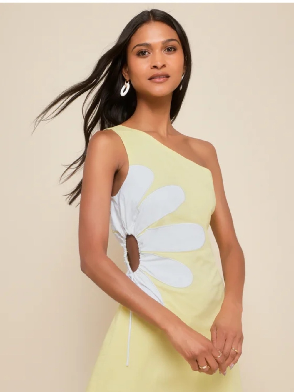 Lulu's One-Shoulder Lemon Mini Dress with White Daisy - Picture 2 of 12